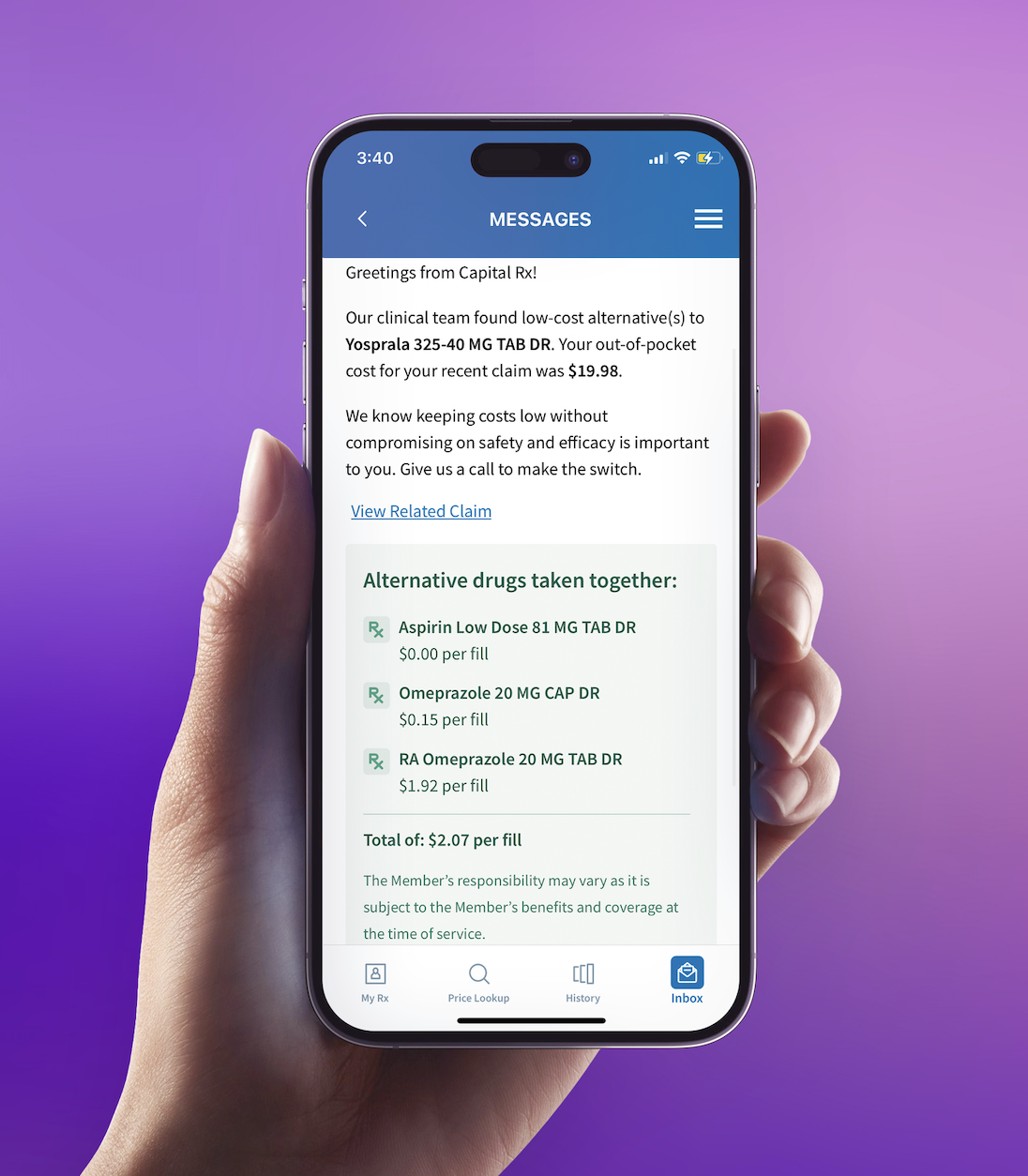 A mobile message showing a low-cost alernative drug is available.