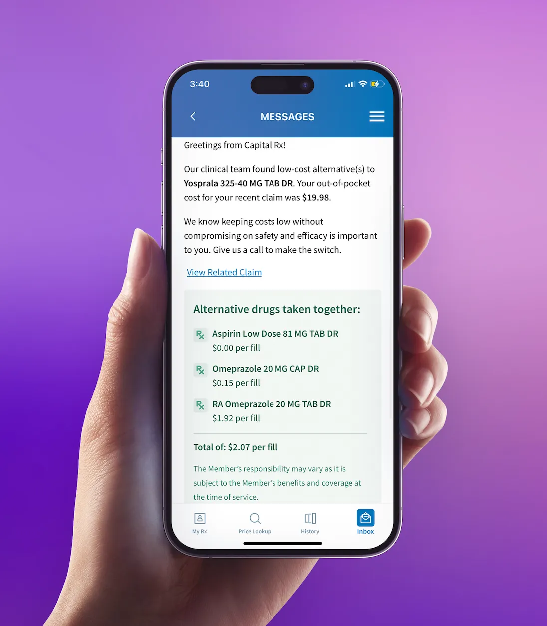 A mobile message showing a low-cost alernative drug is available.