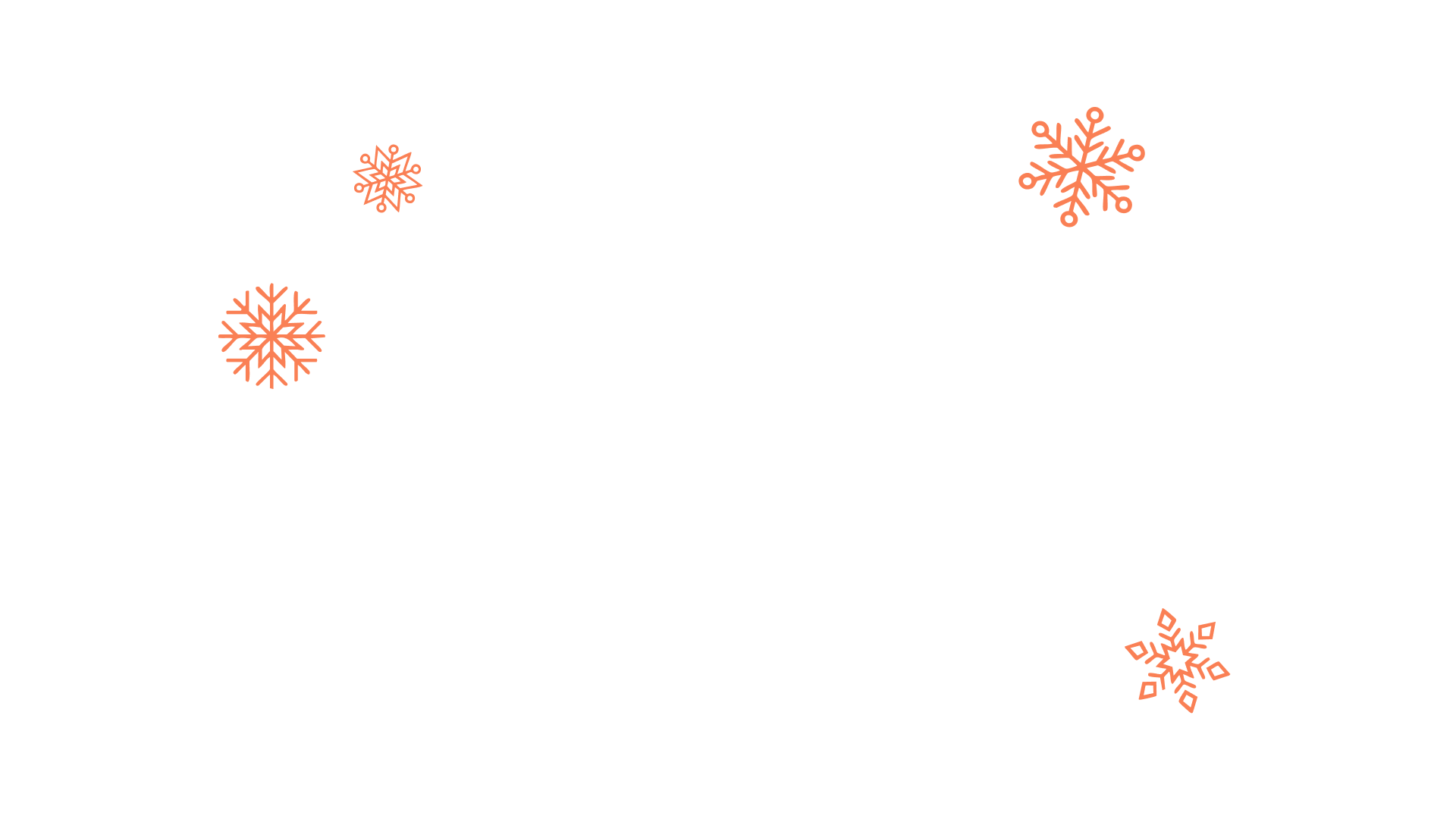 Silhouette of a deer with large antlers surrounded by five small orange snowflakes on a transparent background.