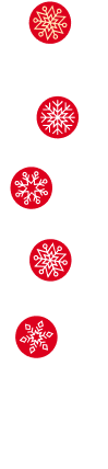 Vertical string of red circles with white snowflake patterns connected by a white curved line and small white snowflakes scattered around, ending with a white arrow pointing downward.
