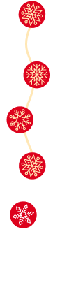 Vertical string of five red ornaments with white snowflake patterns connected by a curved yellow line, with scattered small white snowflakes and an arrow at the bottom.