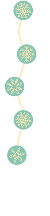 Vertical string of teal circles with decorative white snowflakes inside, connected by a line with an arrow pointing down at the bottom.