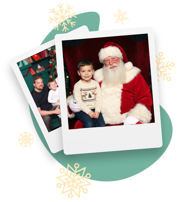 Two holiday-themed instant photo prints, one showing a man and a child near a decorated Christmas tree, the other showing Santa Claus with two smiling children in front of a Christmas tree.