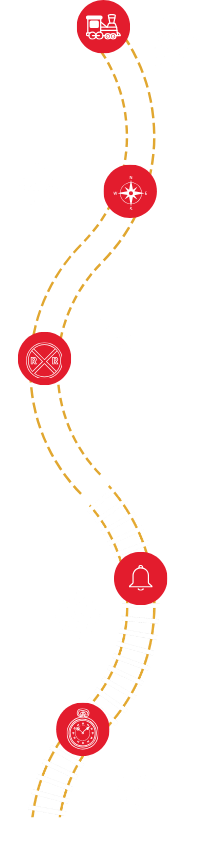 Vertical string of red circles with white snowflake patterns connected by a white curved line and small white snowflakes scattered around, ending with a white arrow pointing downward.