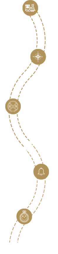 Vertical decorative line with brown circles containing white snowflake designs and small white snowflakes around it, ending with a downward arrow.