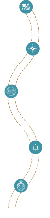 Vertical string of teal circles with decorative white snowflakes inside, connected by a line with an arrow pointing down at the bottom.