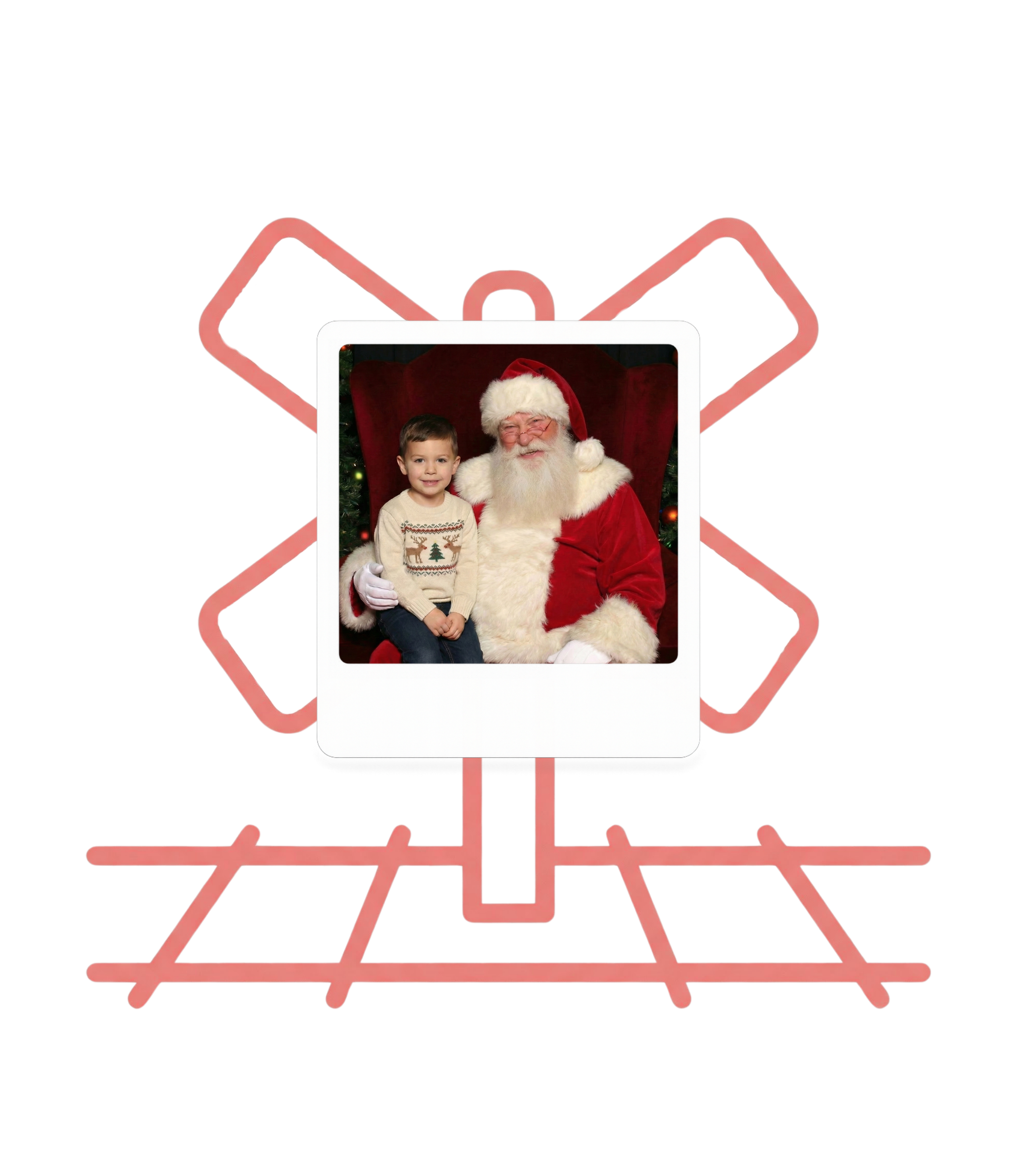 Photo of a smiling young boy sitting on Santa Claus's lap, who is dressed in a red suit with white fur trim.