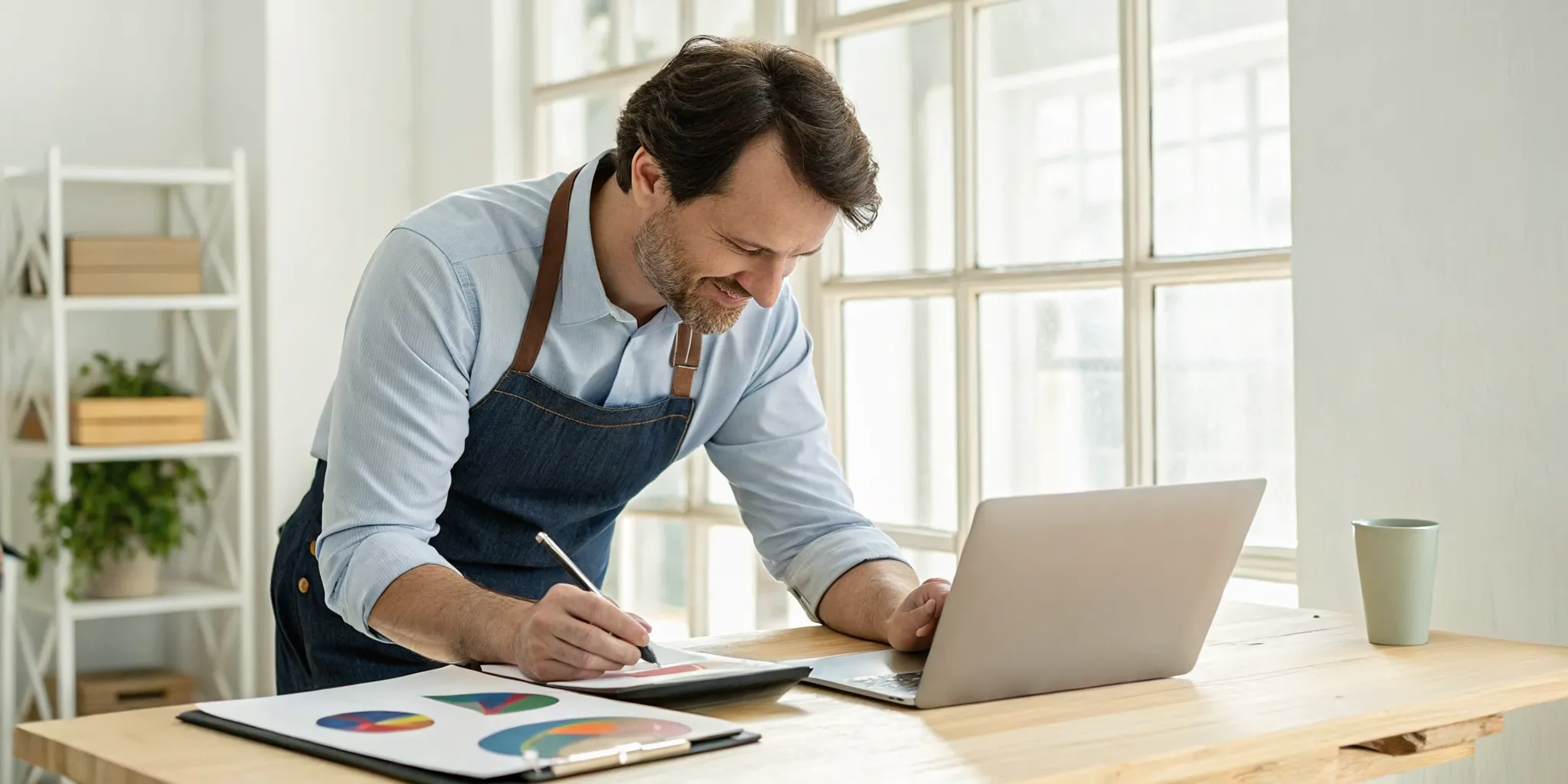 A small business accountant reviews financial reports to provide expert advice.