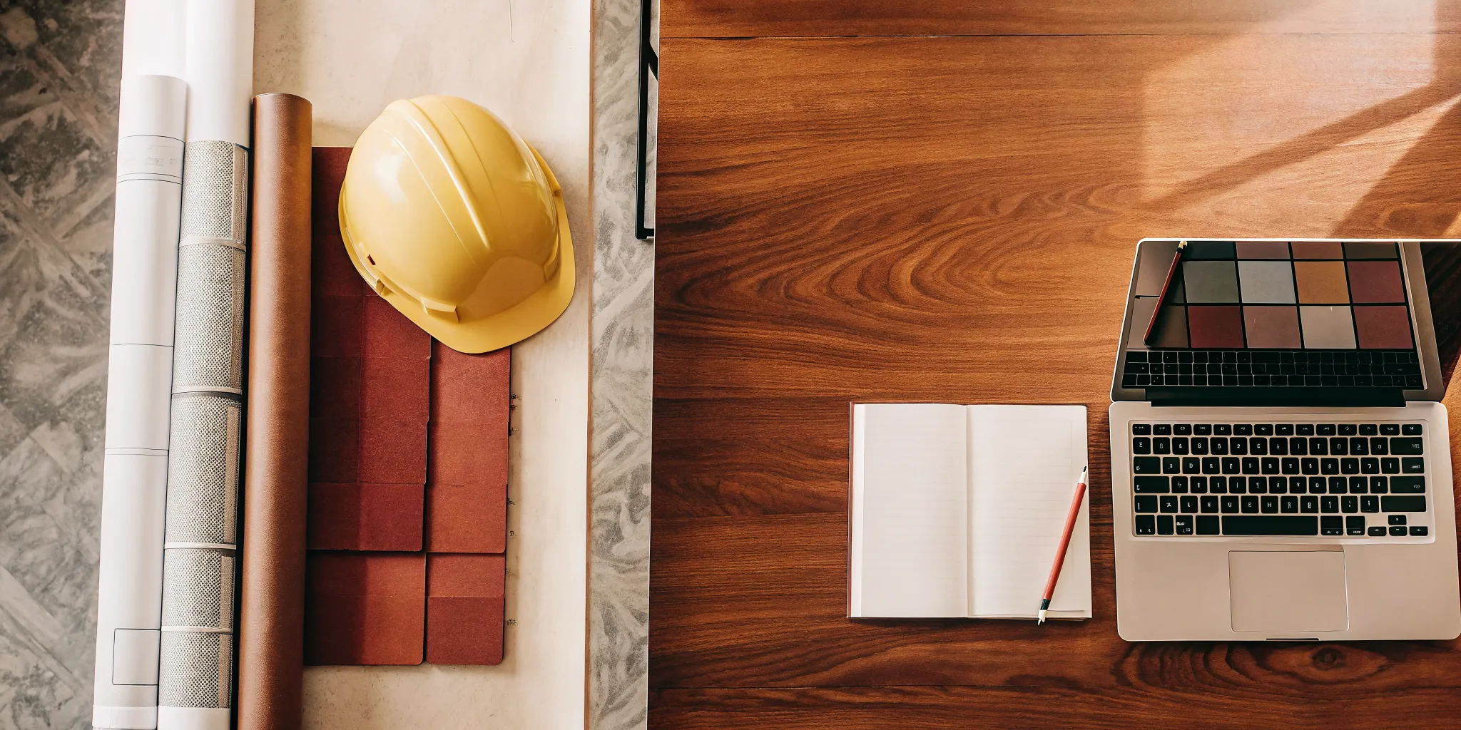 A contractor's desk with a laptop and blueprints for construction accounting.