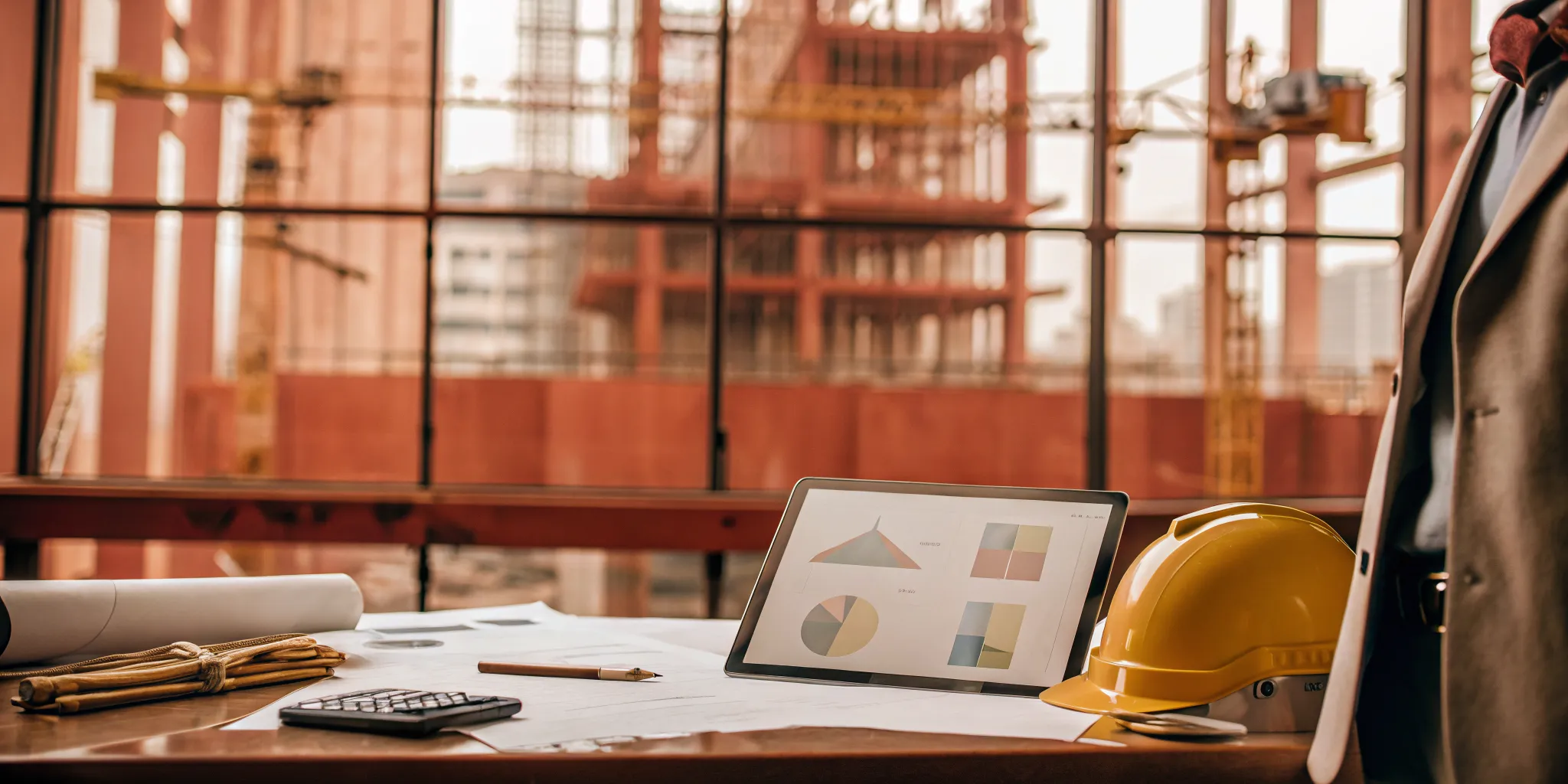 Hard hat and blueprints beside a laptop with financial charts for construction accounting services.