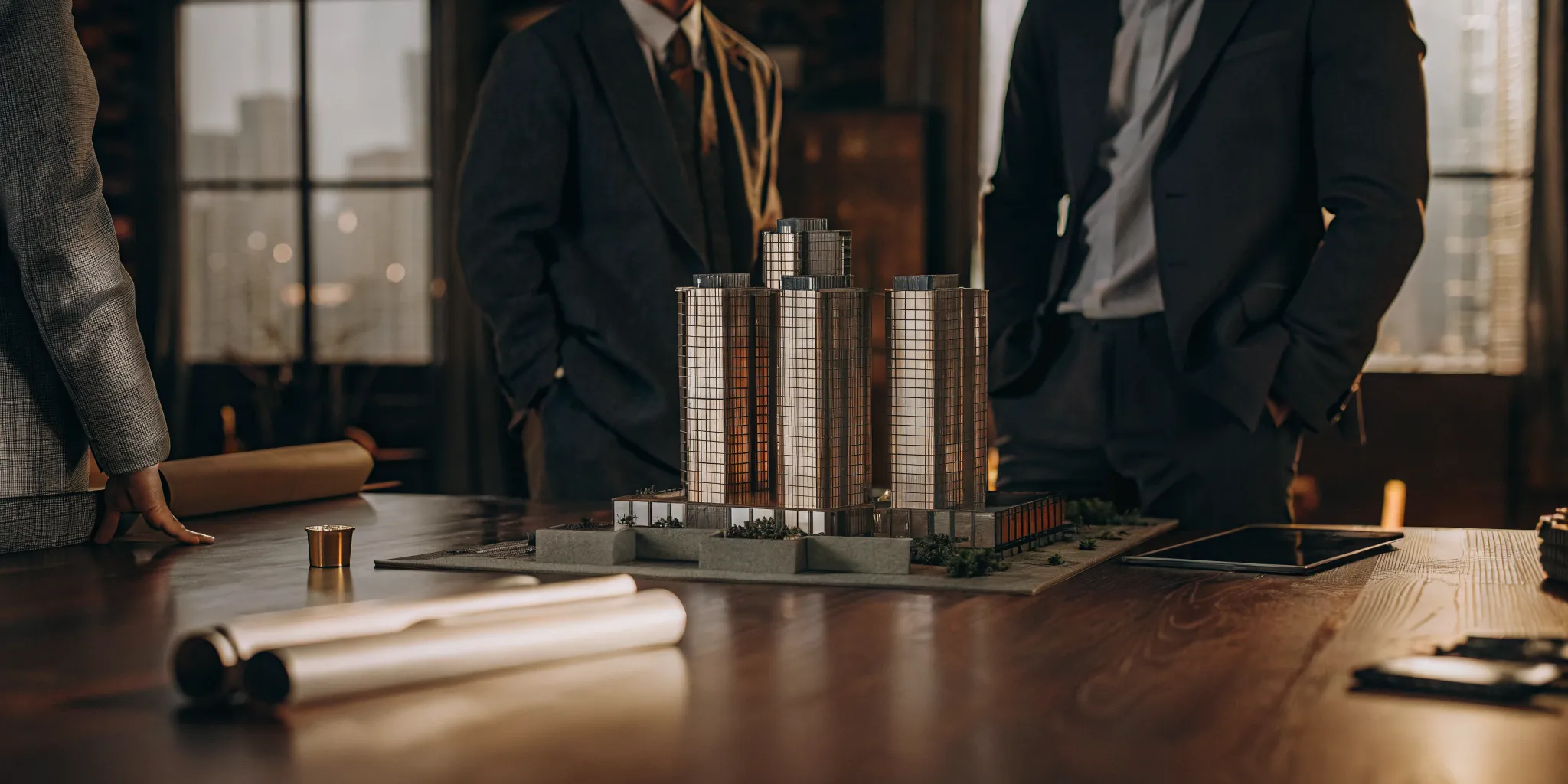 Real estate developers review a building model while planning the project's accounting and financial strategy.
