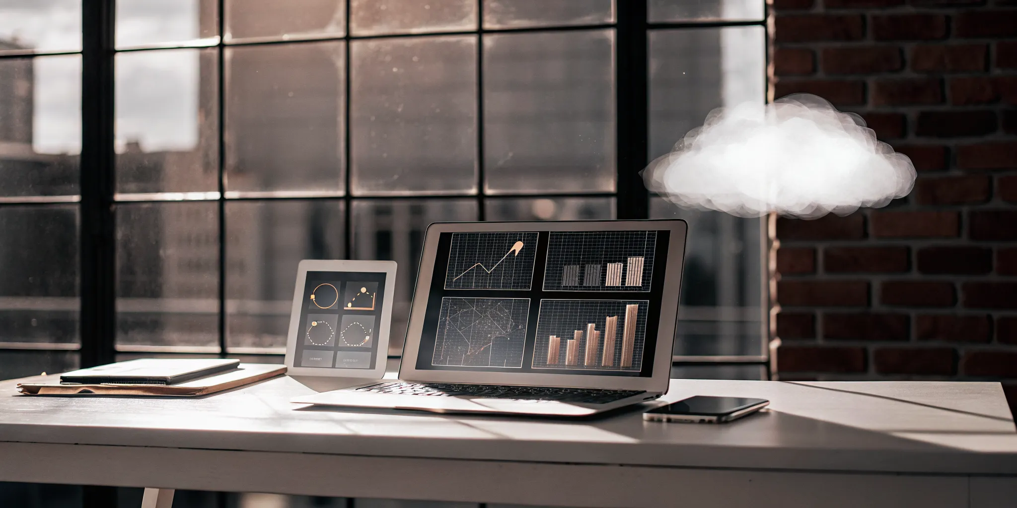 Laptop and tablet on a desk showing financial data for virtual accounting services.