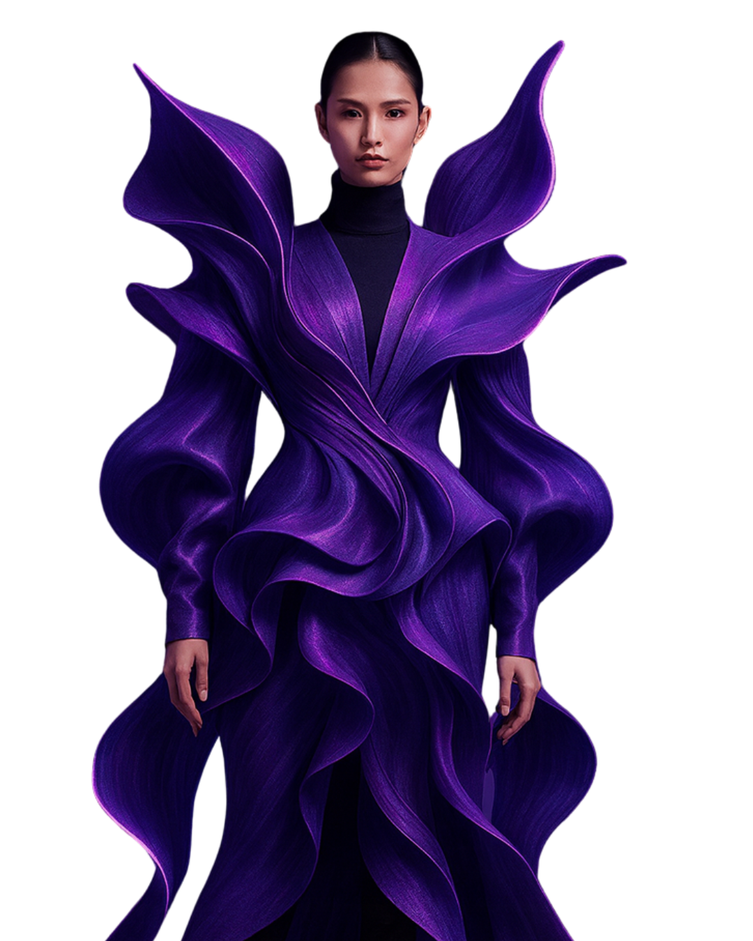 AI Fashion Photoshoot: Model wearing an avant-garde, sculptural purple dress with dramatic, flowing, wave-like ruffles.