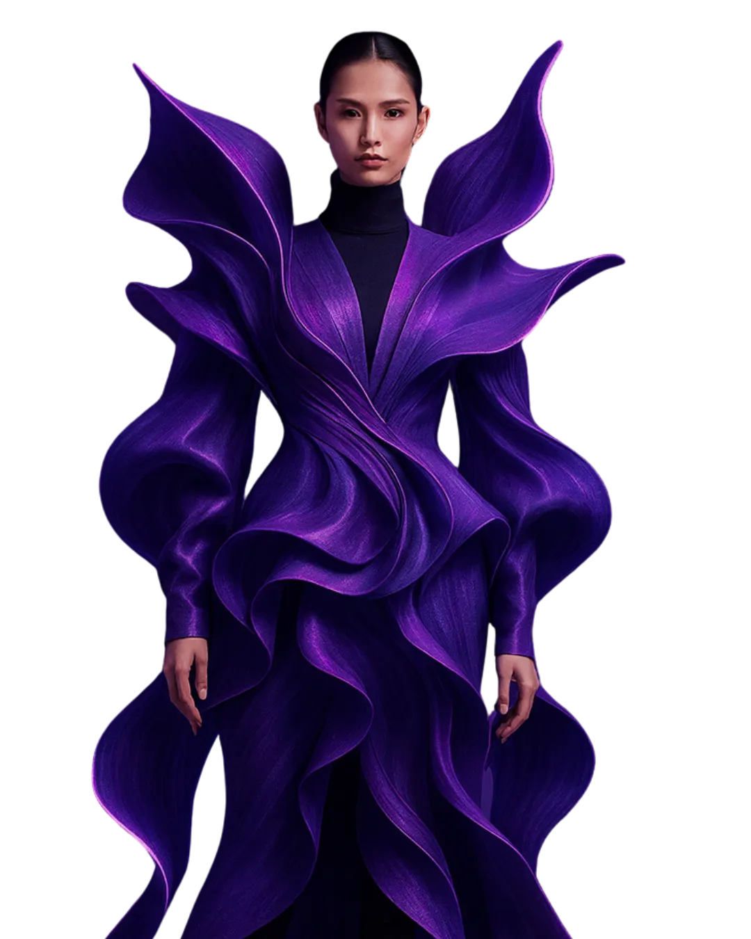 AI Fashion Photoshoot: Model wearing an avant-garde, sculptural purple dress with dramatic, flowing, wave-like ruffles.