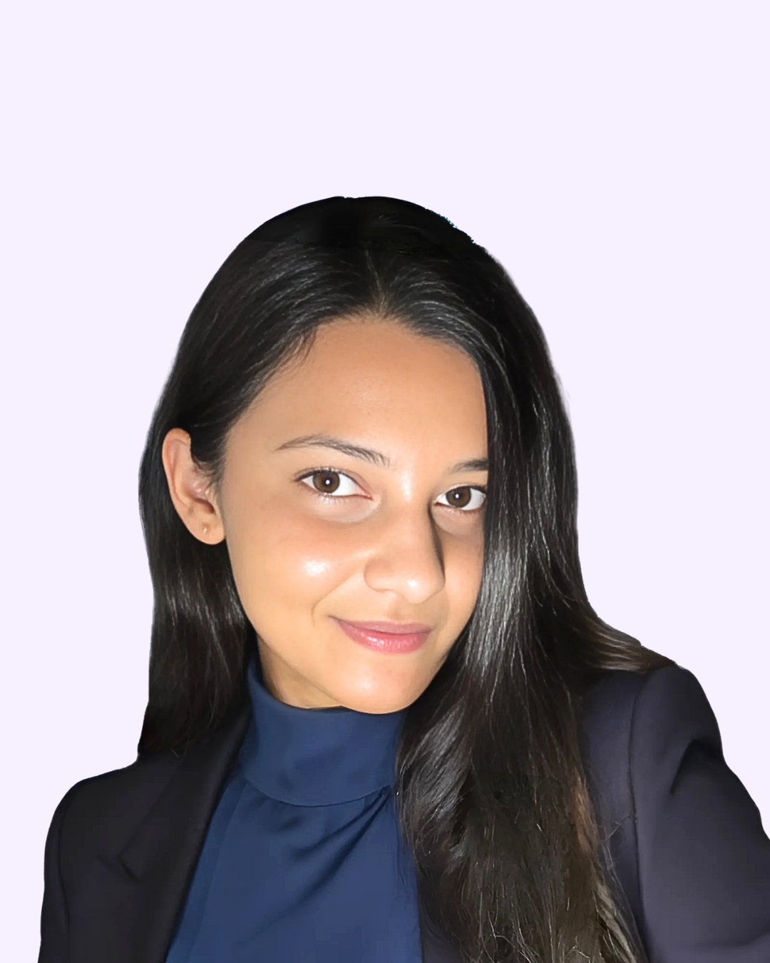 Smiling woman with long dark hair wearing a navy blue top and black blazer against a light background.