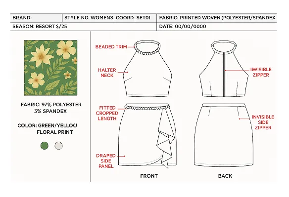 Technical flat sketches of a women's two-piece outfit with a green and yellow floral print, featuring a halter neck top with beaded trim and fitted cropped length skirt with draped side panel, showing front and back views with invisible zippers on the back and side.