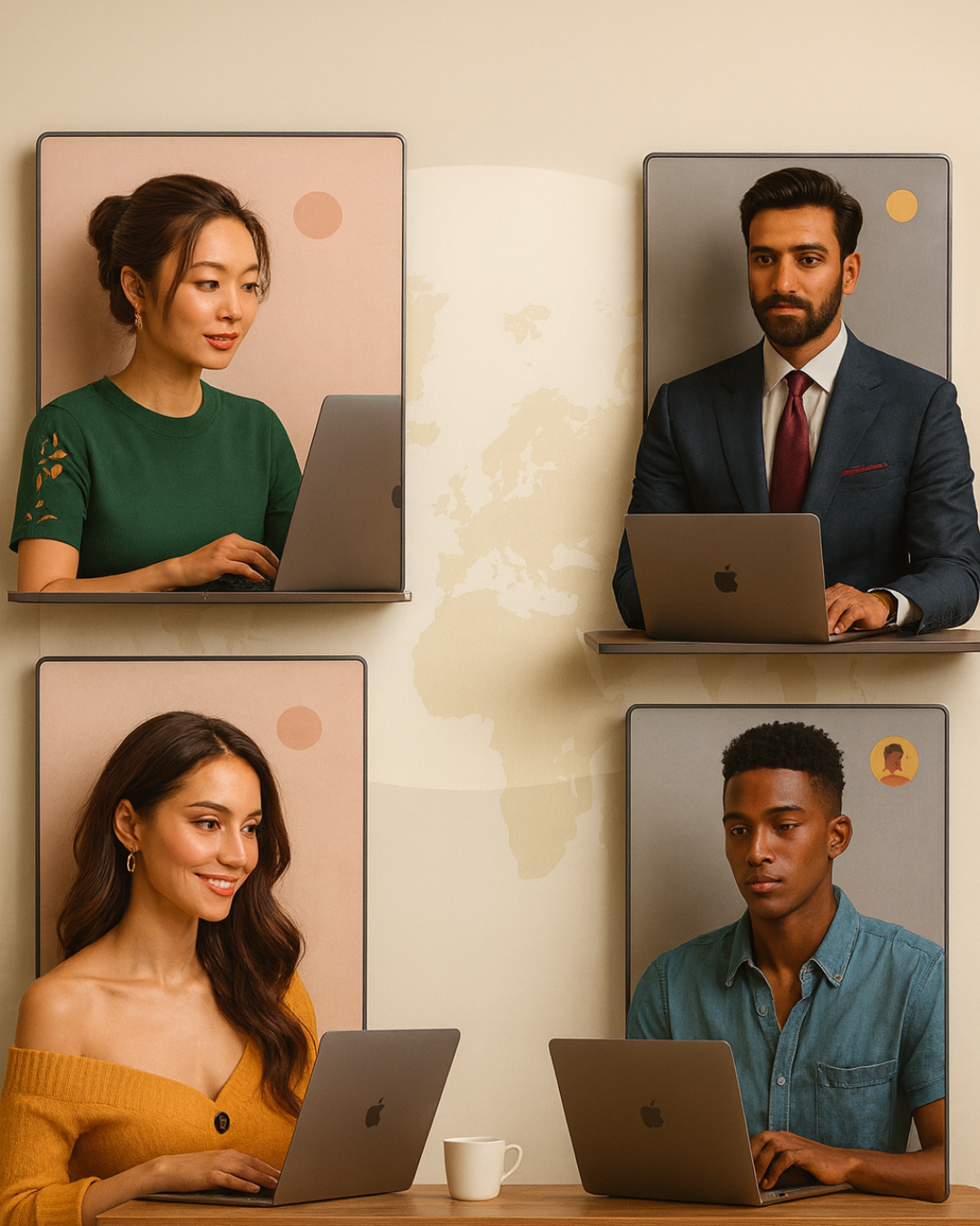 Smiling young woman with straight brown hair wearing a white blazer and gold earrings, against a light background.