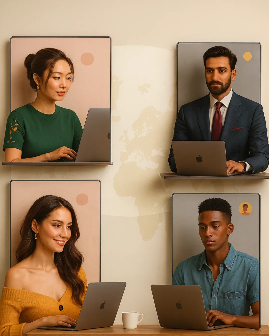 Smiling young woman with straight brown hair wearing a white blazer and gold earrings, against a light background.