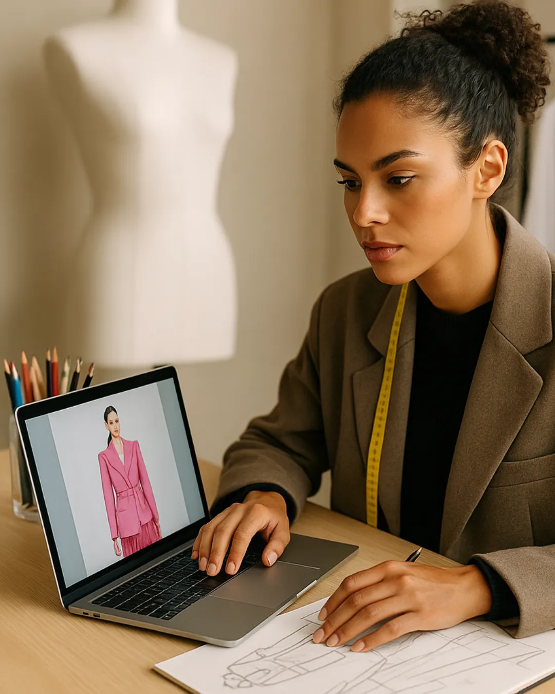 Woman standing on sidewalk wearing a button-up dark denim dress with long sleeves and black lace-up ankle boots.