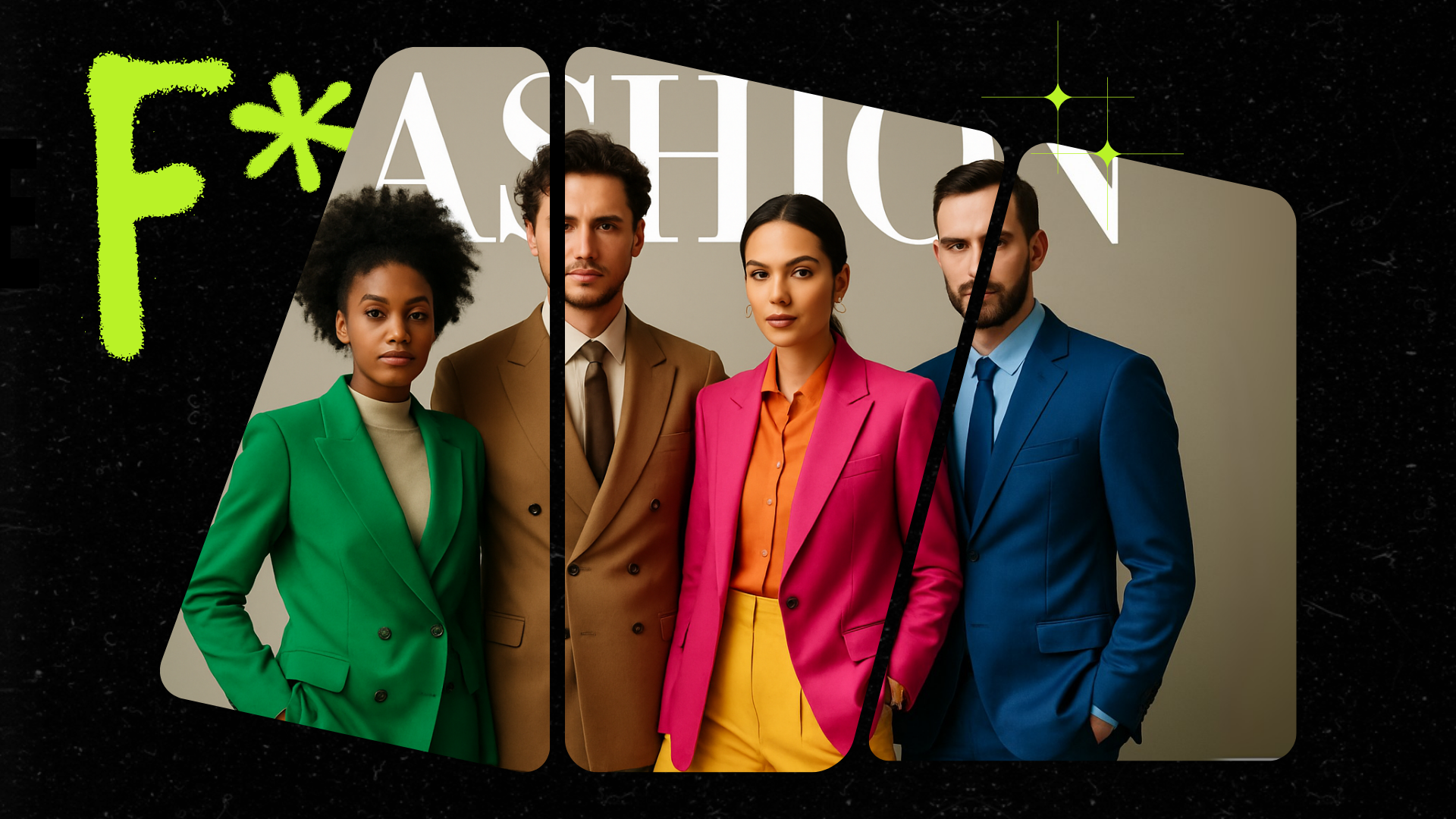 Agentic AI Fashion Output: Four diverse fashionably dressed models posing in colorful suits against a neutral background with stylized text overlay.