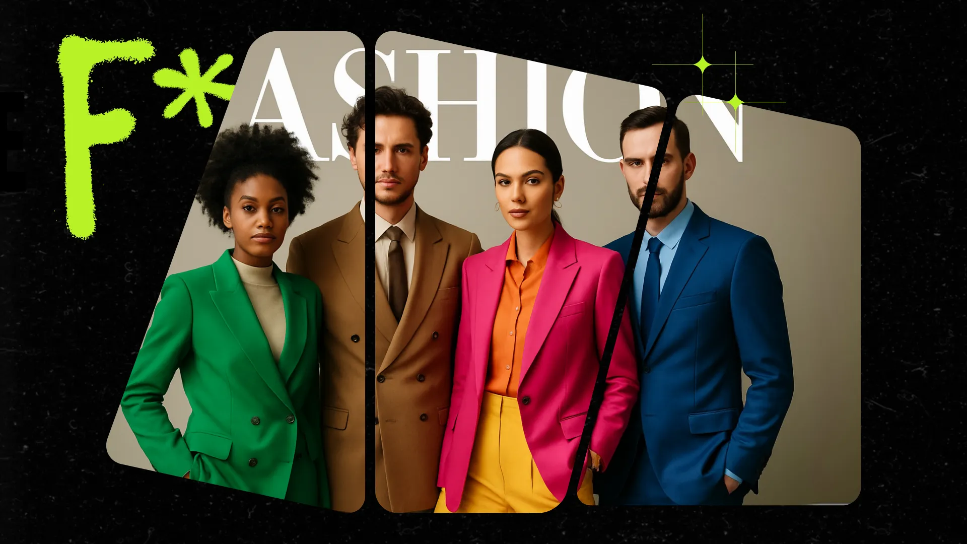 Agentic AI Fashion Output: Four diverse fashionably dressed models posing in colorful suits against a neutral background with stylized text overlay.