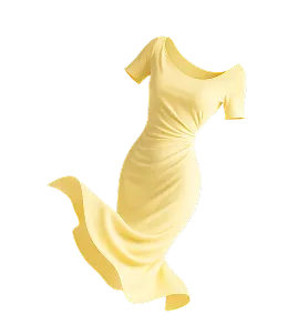 Yellow short-sleeve dress with a ruched waist and flowing skirt.
