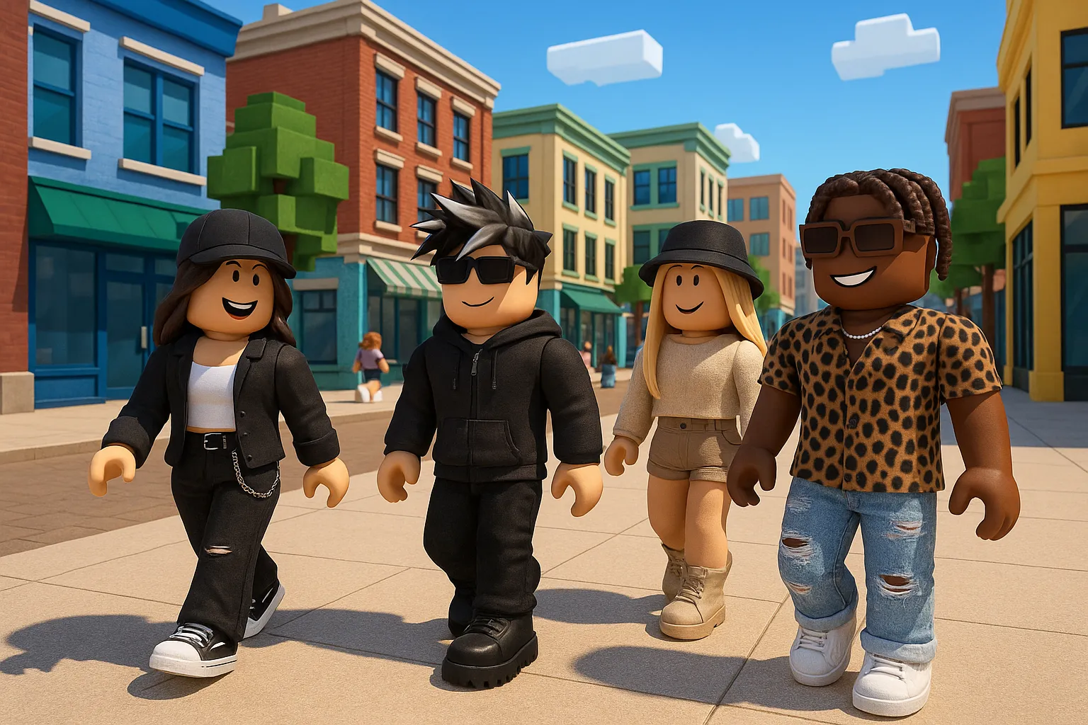 Four Roblox characters walking on a sunny street with colorful buildings and clear sky with clouds.