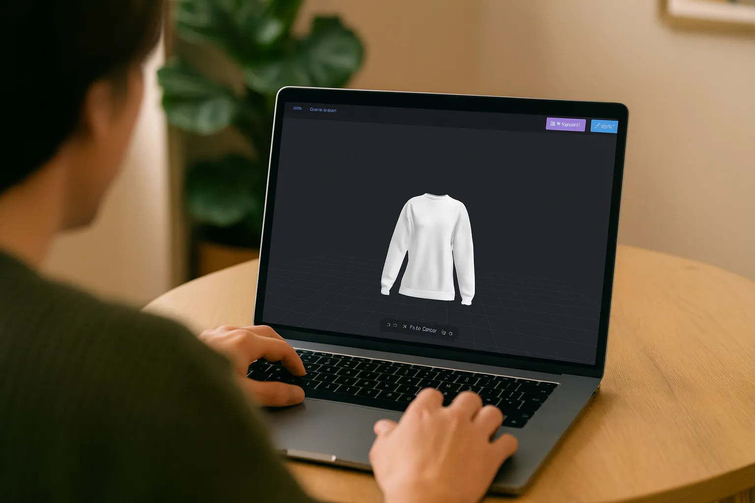 Person using a laptop displaying a 3D white sweatshirt model on a dark grid background.