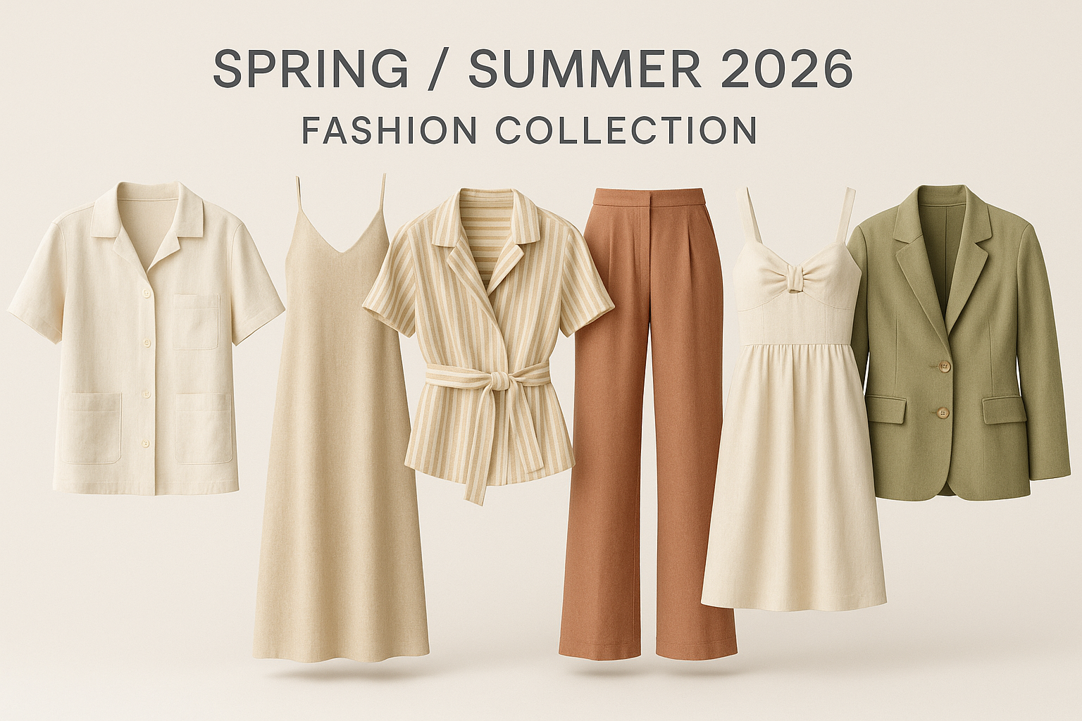 Spring and summer 2026 fashion collection featuring a beige short-sleeve shirt, beige slip dress, beige and white striped belted blouse, rust-colored pants, beige sleeveless dress with a bow, and olive green blazer.