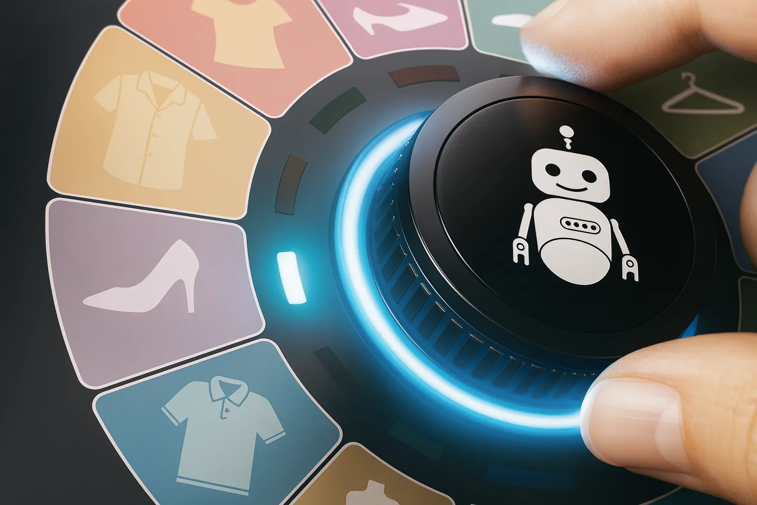 Hand adjusting a circular control dial with a glowing blue ring and a white robot icon, surrounded by clothing and shoe icons.