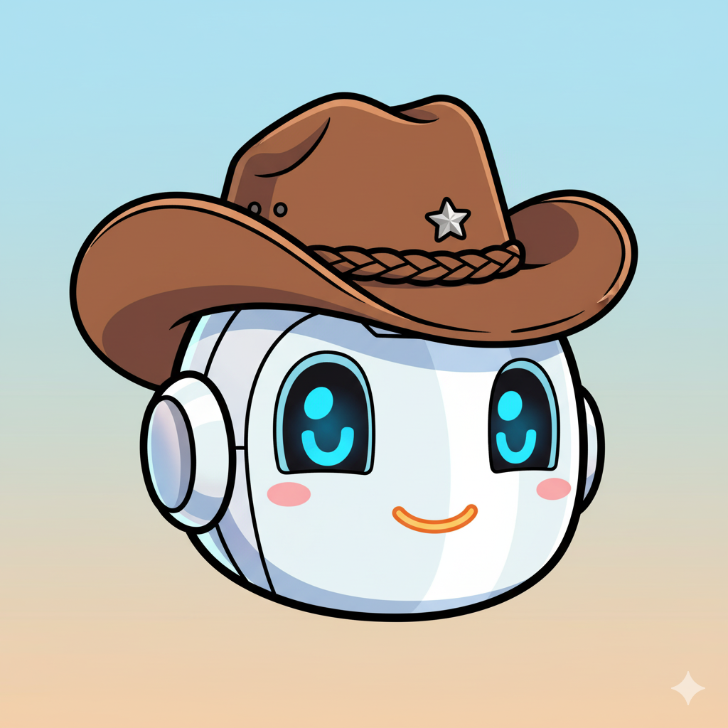 Cute white robot head with big blue eyes wearing a brown cowboy hat against a gradient sky background.