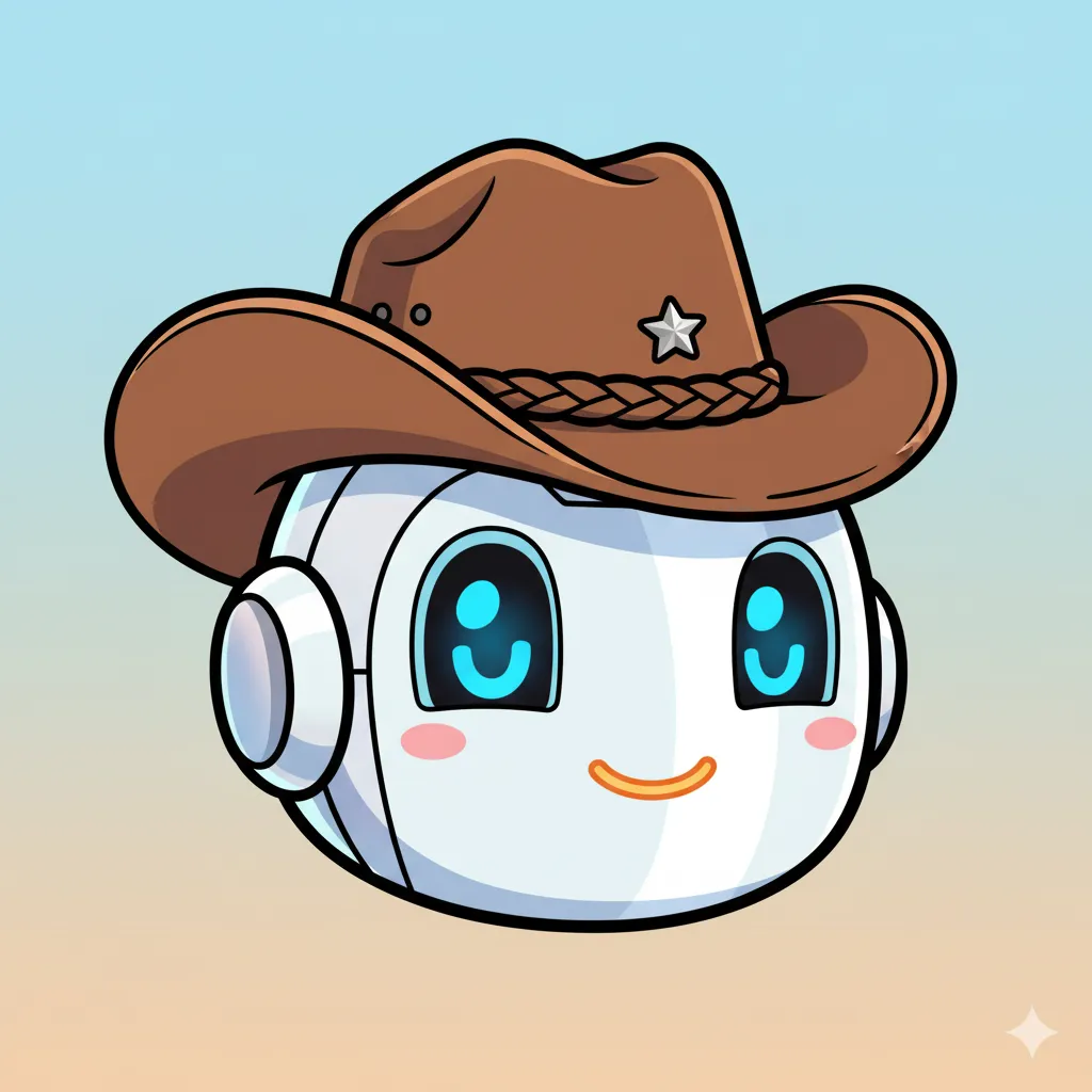 Cute white robot head with big blue eyes wearing a brown cowboy hat against a gradient sky background.