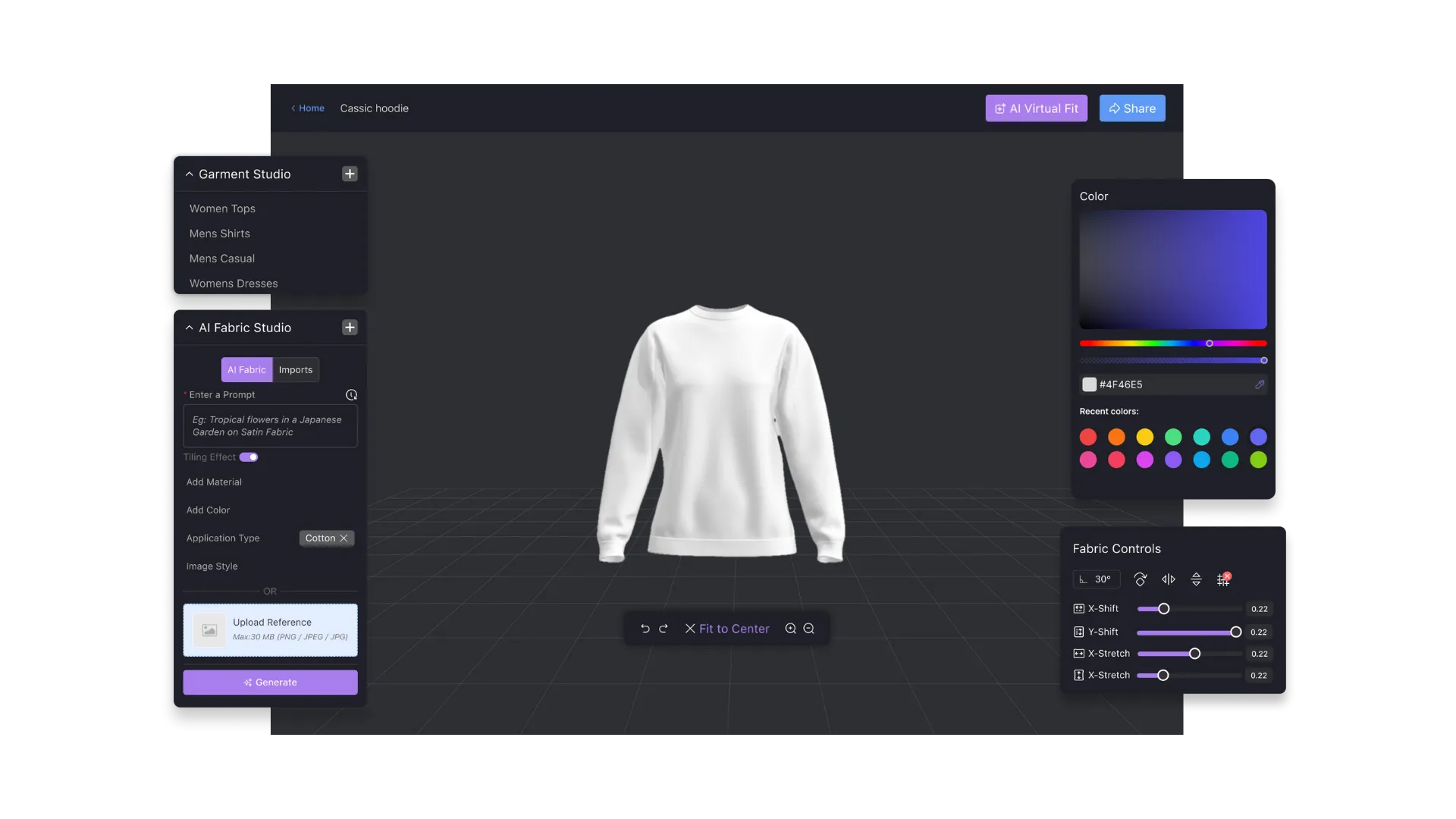 3D fashion studio interface displaying a white sweatshirt on a grid with garment categories, fabric customization, color picker, and fabric controls panels.