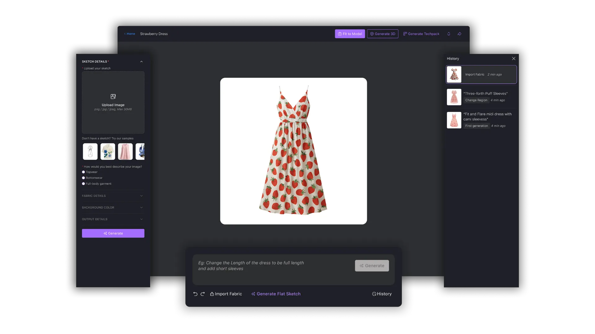 Agentic AI fashion Output: User interface showing a white dress with red strawberry pattern and thin shoulder straps on a dark background.