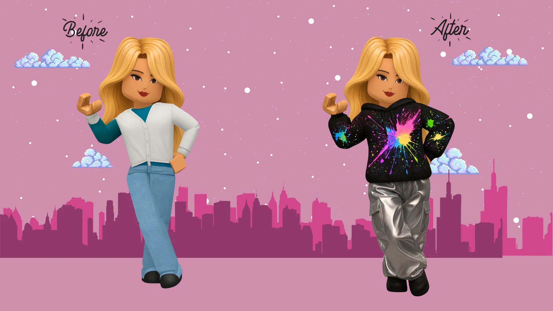 Roblox UGC Wearables: Before and after images of a blonde Roblox character wearing a white cardigan and blue jeans, changing to a black hoodie with colorful paint splatters and shiny silver pants, against a pink city skyline background.