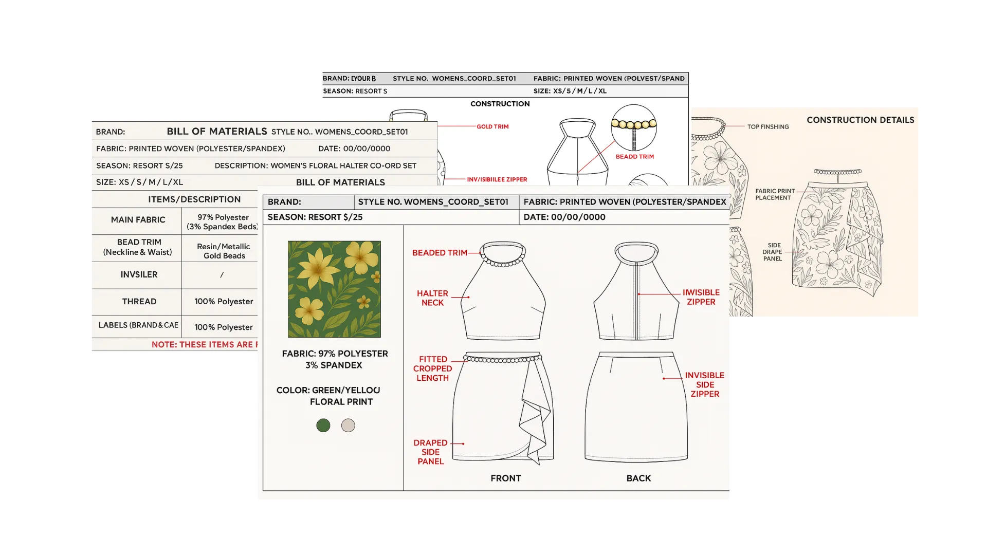 AI Tech Pack for a women's floral halter co-ord set showing front and back line drawings with labels for beaded trim, halter neck, fitted cropped length, draped side panel, invisible zipper, and invisible side zipper, along with a fabric swatch of green and yellow floral print.