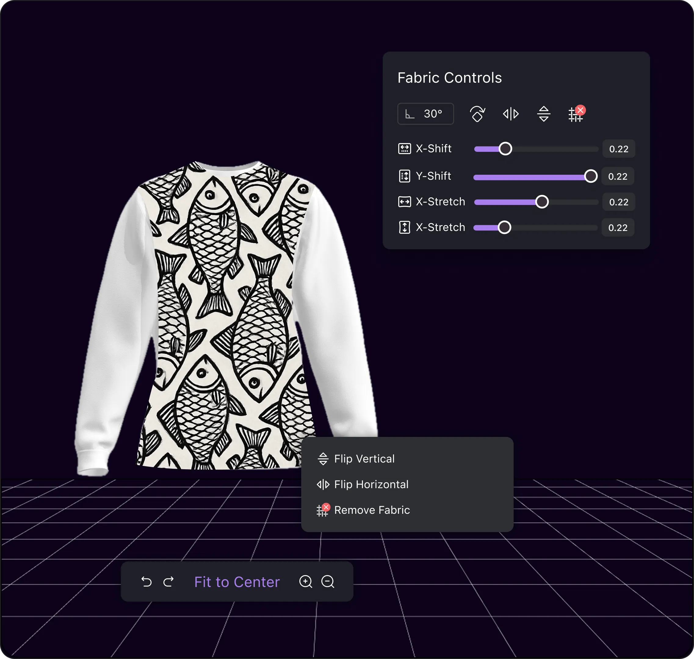 White sweater with black and white stylized fish pattern