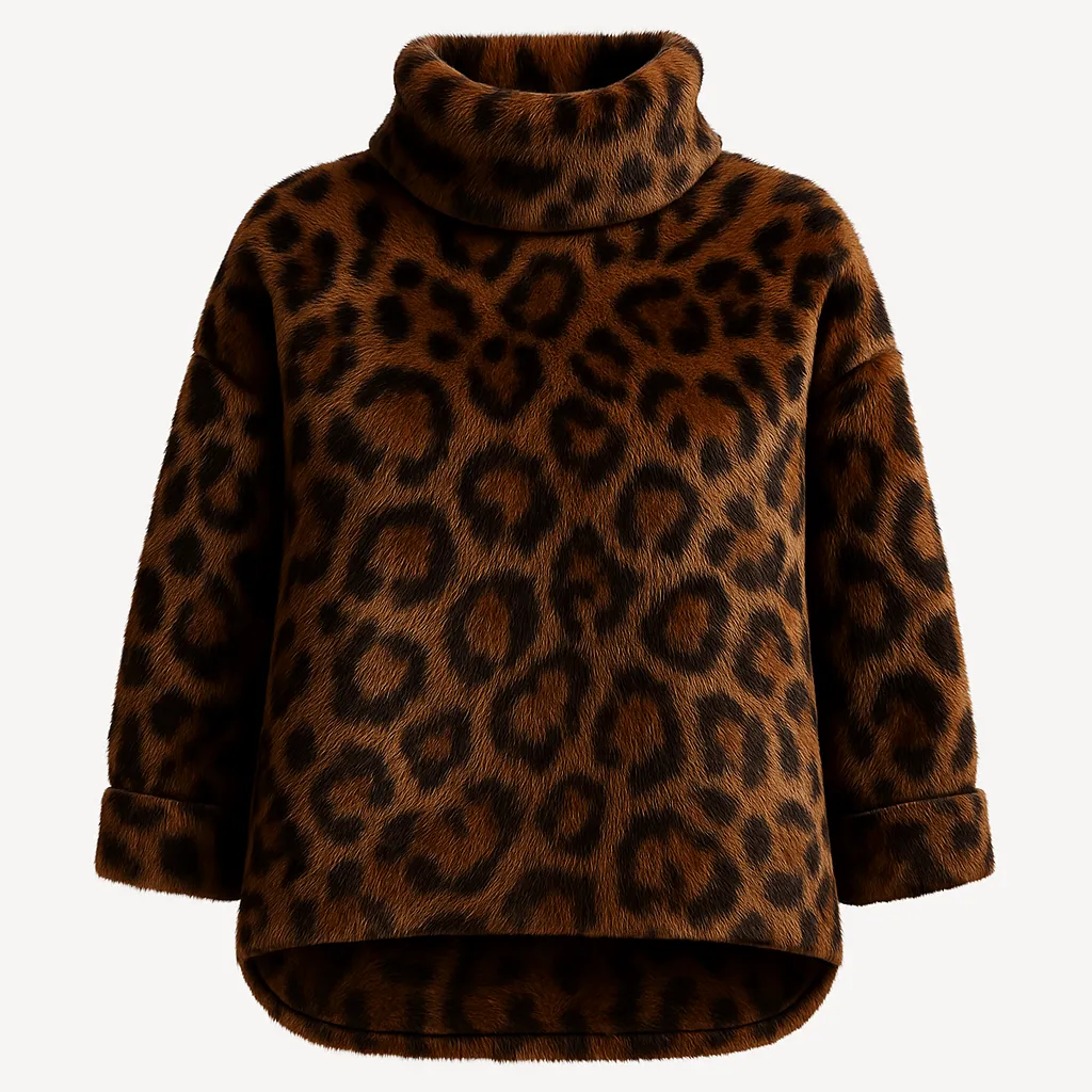 Leopard print turtleneck sweater with fuzzy texture and wide sleeves