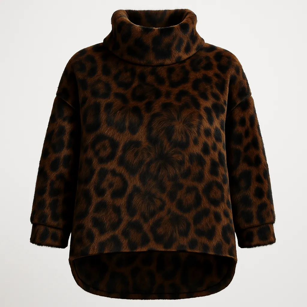 Cozy brown leopard print turtleneck sweater with soft fur texture