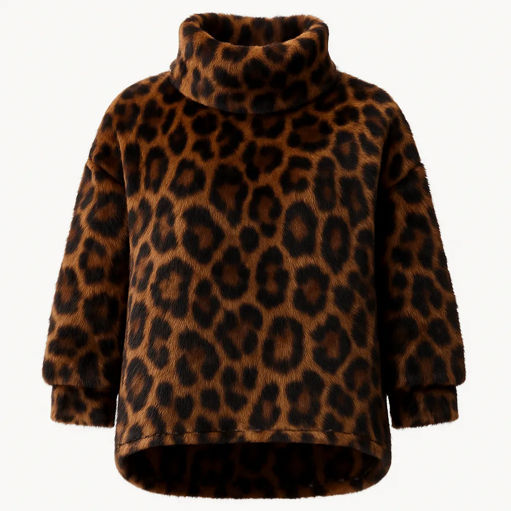 Leopard print fuzzy turtleneck sweater with oversized fit
