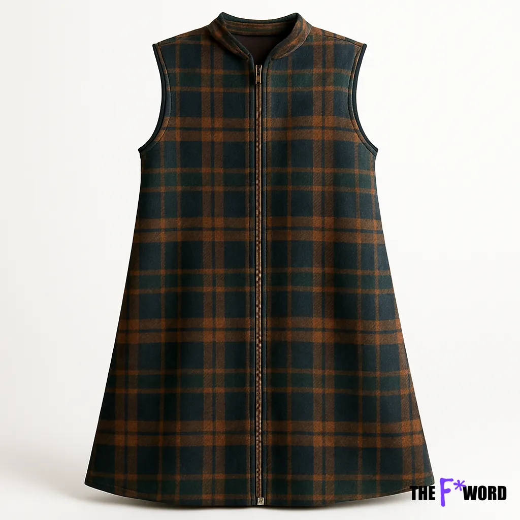 Sleeveless plaid vest with full-length zipper in brown and green colors