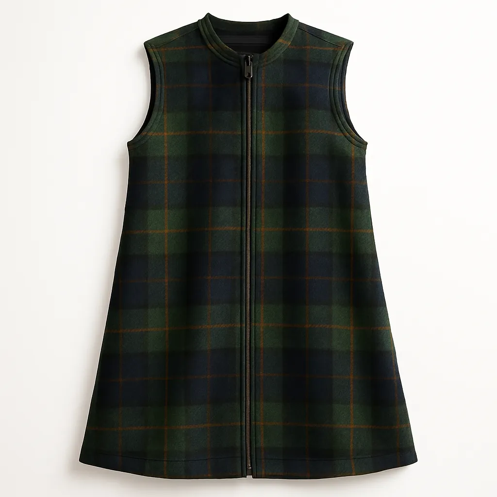 Green and navy plaid zip-up vest on white background