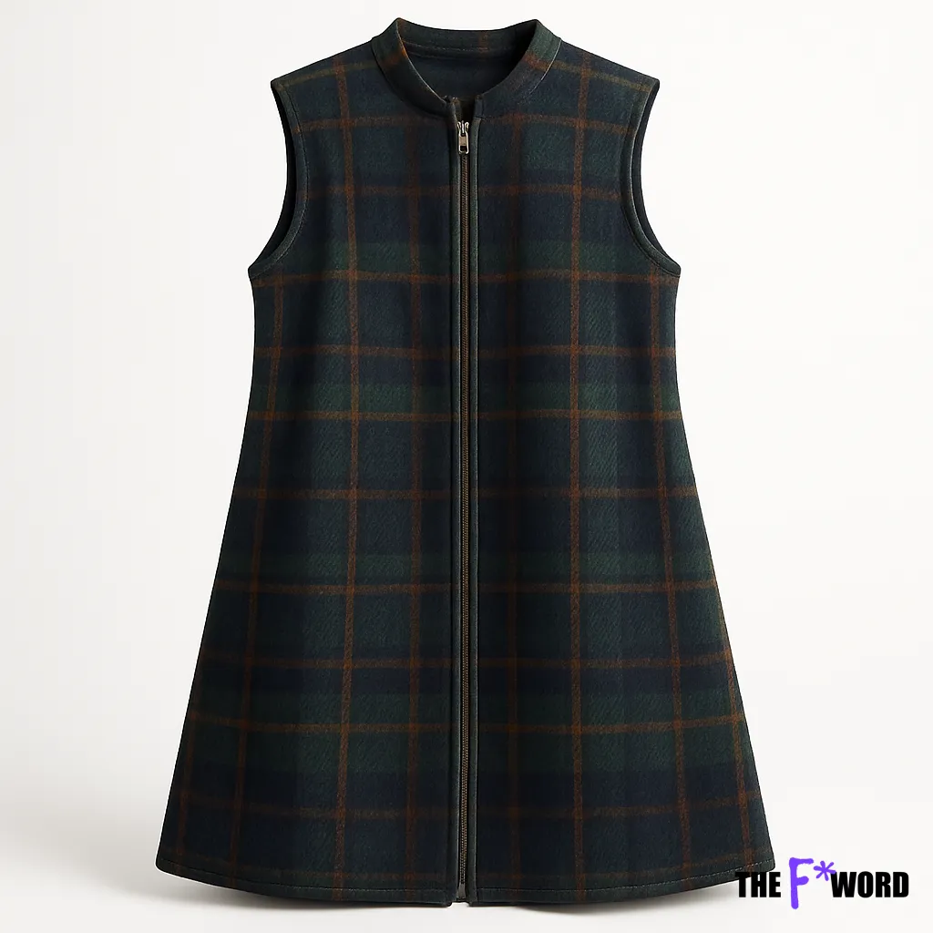 Sleeveless plaid vest with full-length zipper in dark green and brown