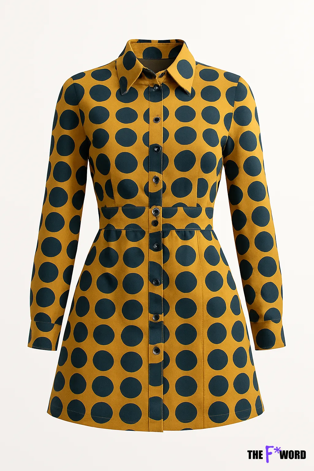Yellow and black polka dot button-up coat with fitted waist