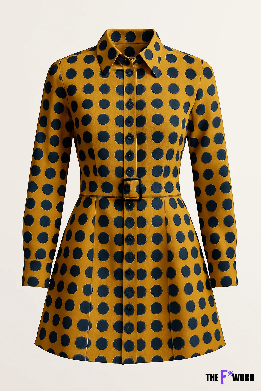 Yellow coat with black polka dots and a matching belt