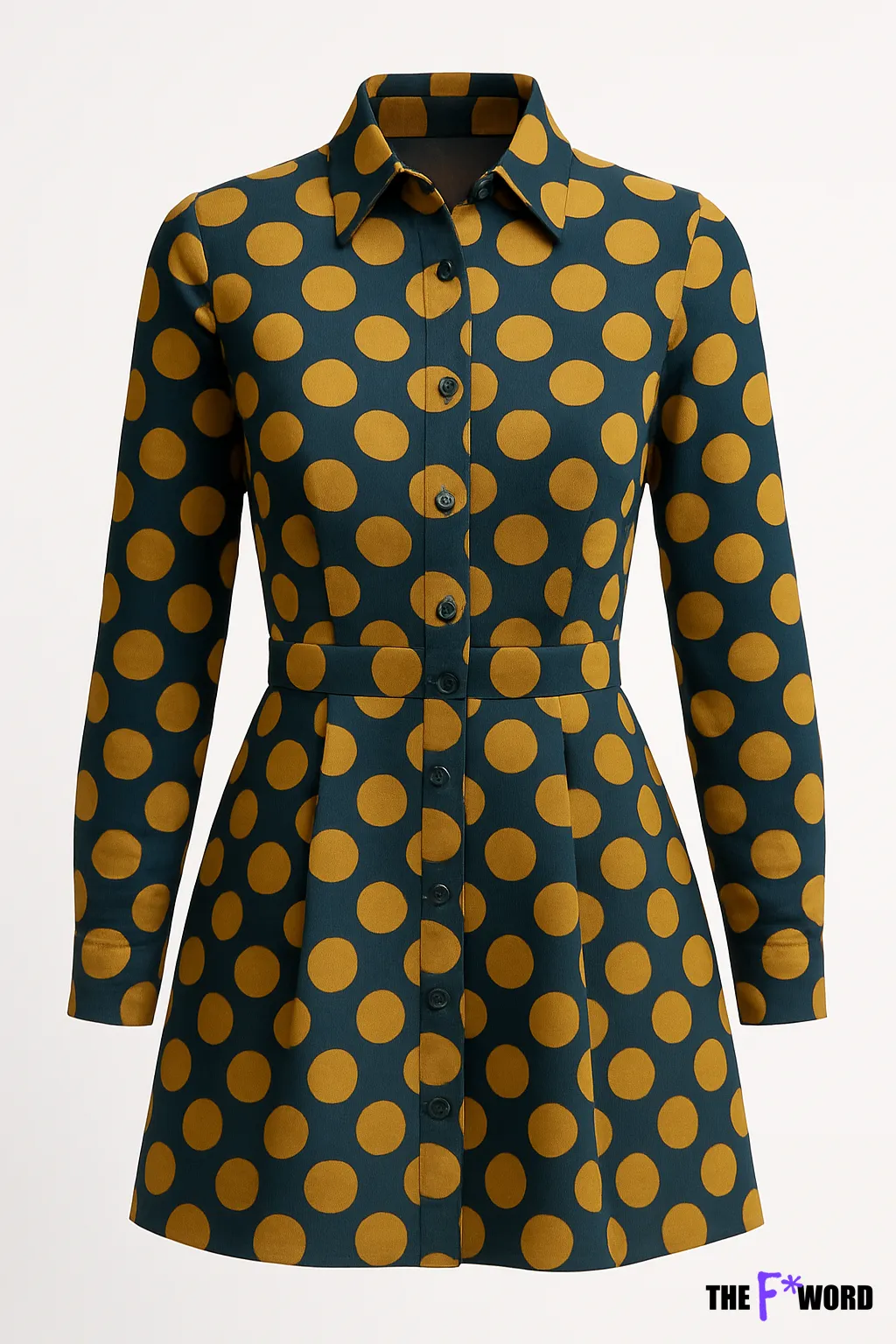 Button-up dress with large yellow polka dots on dark teal background