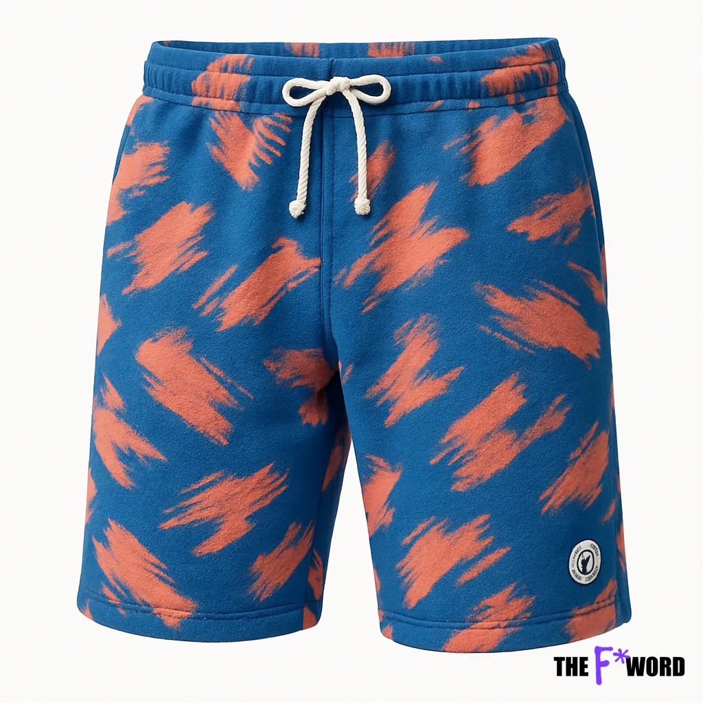 Blue and orange tie-dye style fleece shorts with white drawstring