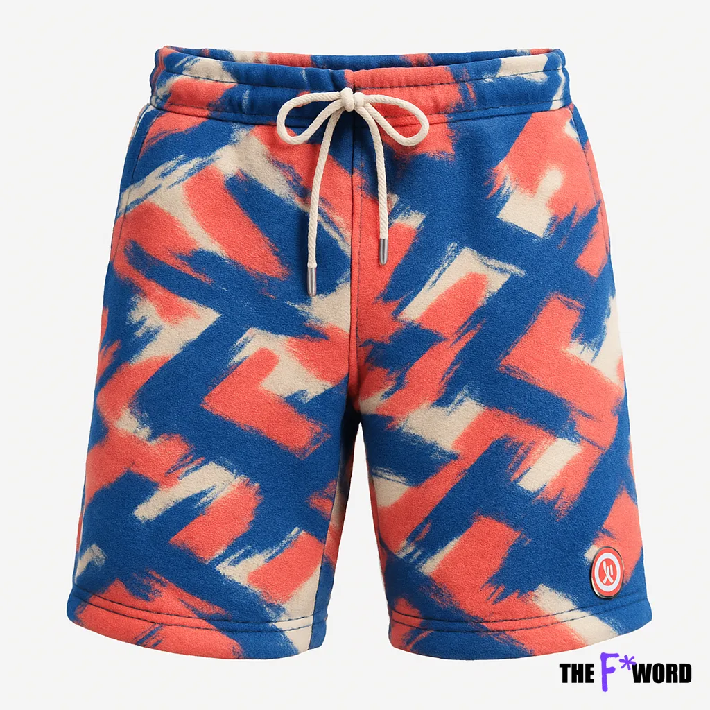 Tie-dye style shorts in blue, red, and white with drawstring waist