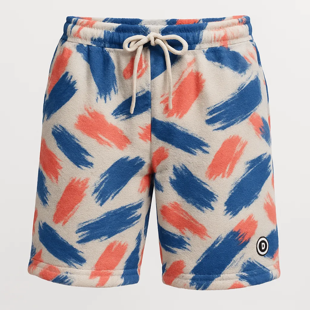 Tie-dye style shorts in blue, coral, and white with drawstring waist