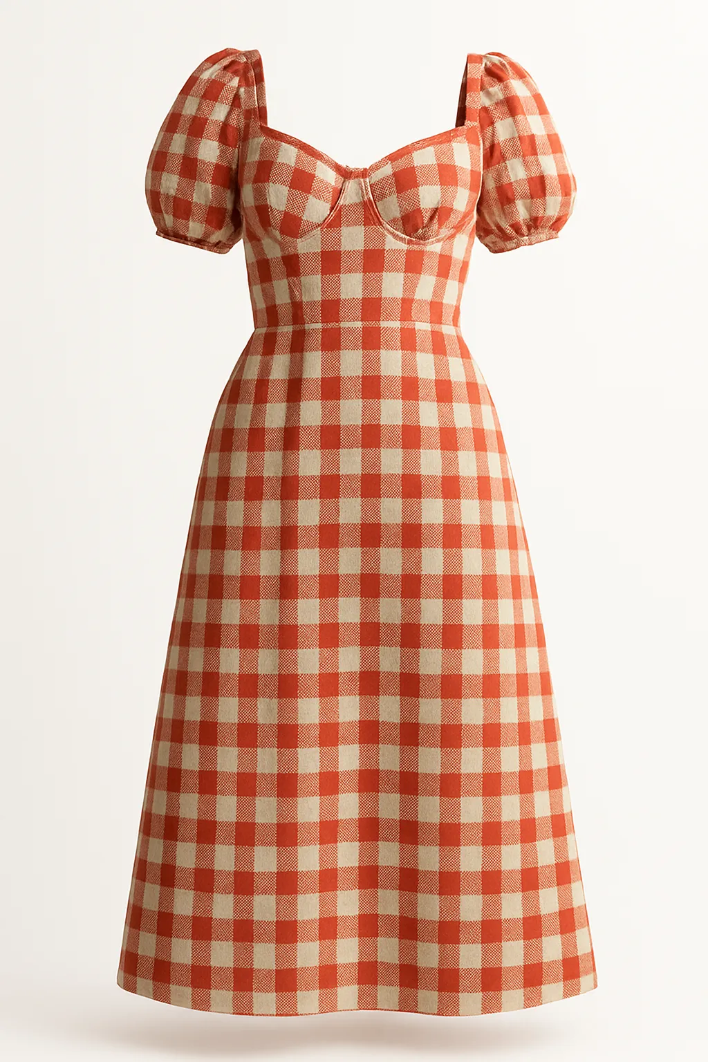 Vintage orange and cream gingham puff-sleeve midi dress